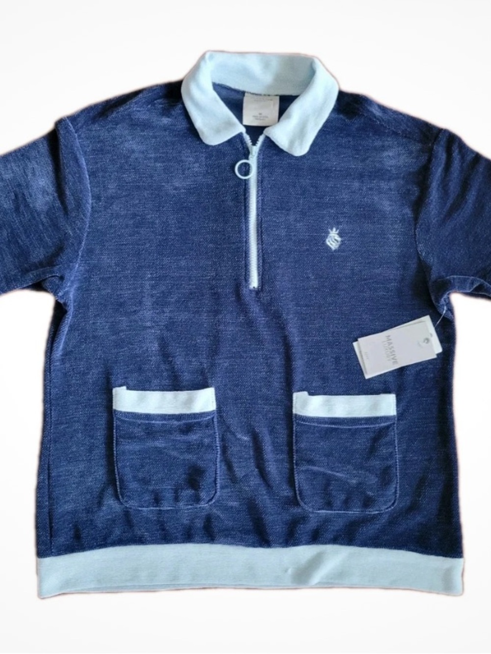 Massive Luxury Retro Leisure Navy & White Short-Sleeve Chenille Polo Sweater